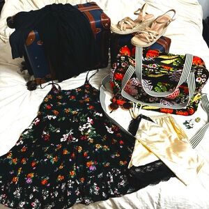 Overnight bag bundle..dress, sweater, carryon size bag, sandals, and accessories